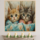 Painting of Two Cute Kittens Snuggled in Colorful Floral Blankets with Big Eyes and Soft Fur in a Cozy Bed Surrounded by Pillows in a Warm Whimsical Setting on Ready to Hang 1.5" Thick Canvas Wrap, Floating Framed Canvas, Flat Rolled Canvas